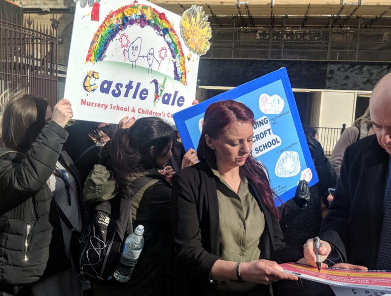 Sally Leese, head teacher at Castle Vale Nursery School in Birmingham on a march on Downing Street in 2019