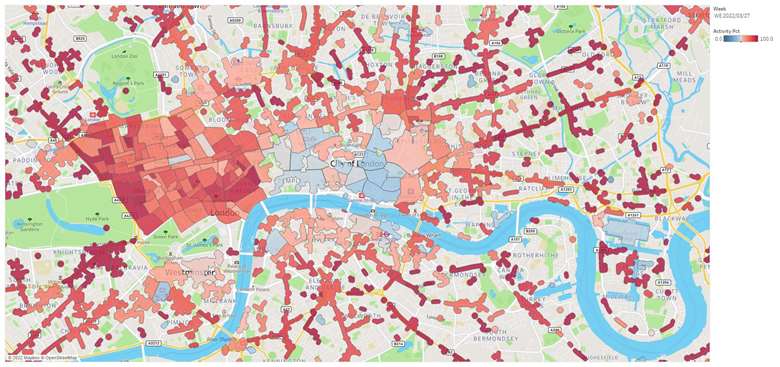 The map showing movement in London on 27 March 2022 shows swathes of red across much of the capital, highlighting that activity and visits to many of these areas has returned to almost pre-Covid levels