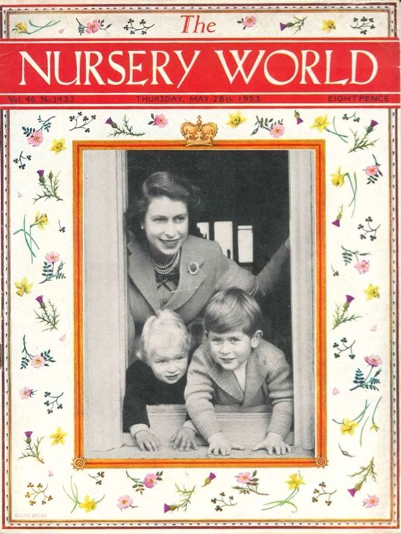 Queen Elizabeth II with Prince Charles and Princess Anne on the cover of Nursery World, 28 May 1953, to celebrate the coronation PHOTO Nursery World archive
