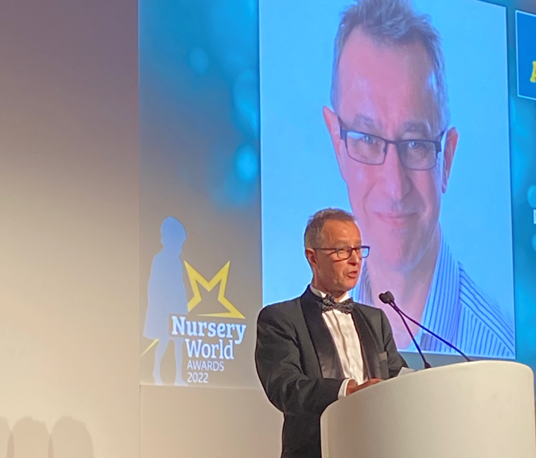 David Wright accepting his award for Lifetime Achievement at the Nursery World Awards 2022, held at The Brewery in London on 24 September 