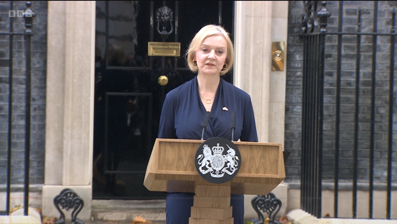 Liz Truss giving her resignation speech outside Number 10 on 20 October 2020