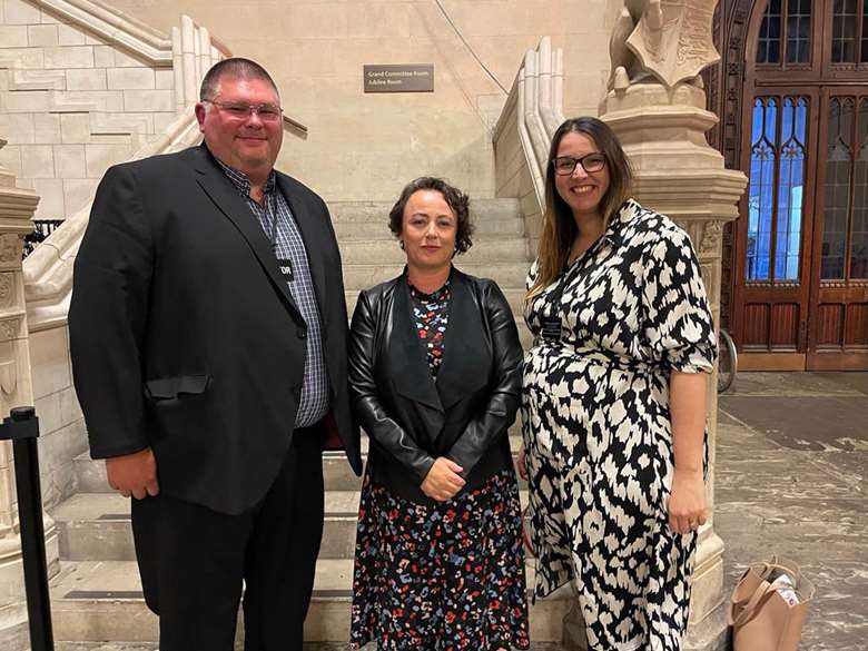 Lewis and Zoe Steeper with Catherine McKinnell MP who led the debate on their petition against Government plans to change staff-to-child ratios, pictured before the debate in Westminster Hall on 14 November 2022 PHOTO Twitter