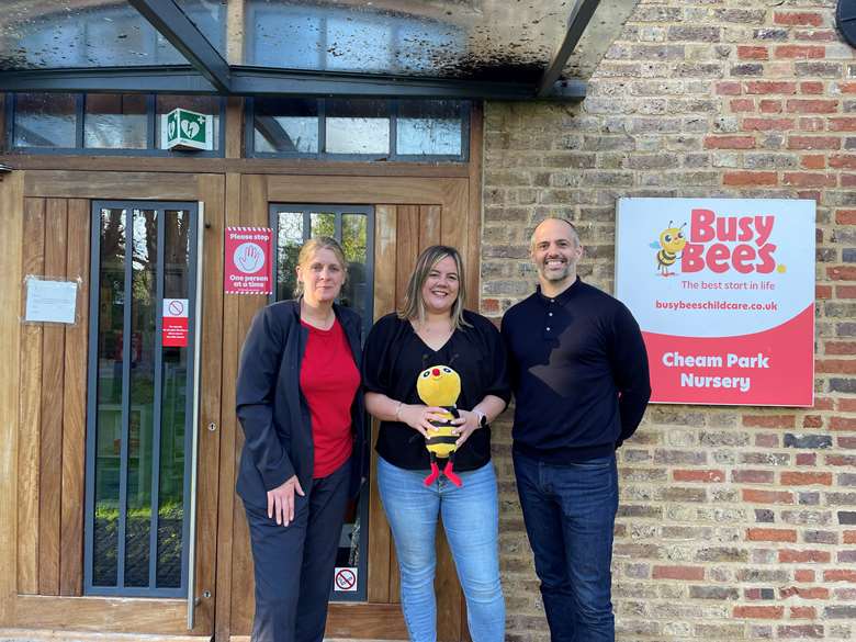 Jo Gregoire, centre director at Busy Bees Cheam Park (left), Jane Doughty (centre), post producer at Sky and Antony Morrison (right), sales director at Busy Bees at Work