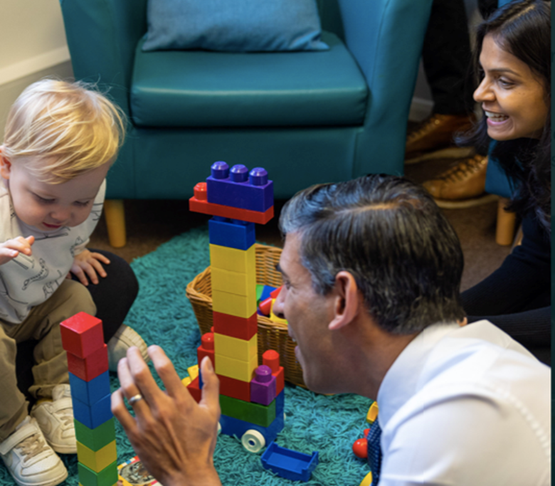 Prime Minister Rishi Sunak and his wife Akshata Murty playing with a baby at the St Austell Family Hub in Cornwall, PHOTO: @RishiSunak