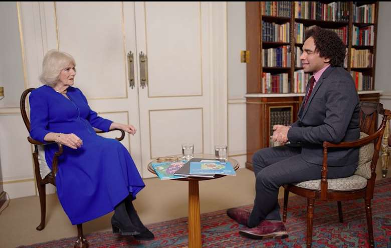 The Queen Consort with the children's laureate discussing the books they read as children, SCREEN GRAB: BookTrust