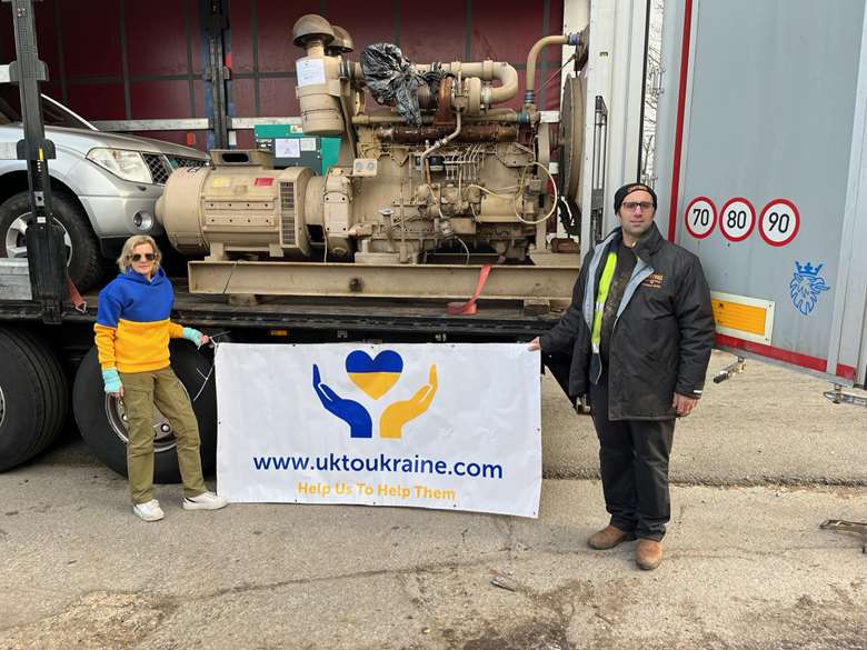 Caragh Booth, UK to Ukraine and Joby Carter, Carters Steam Fair with one of the generators donated to early years settings and schools in Ukraine