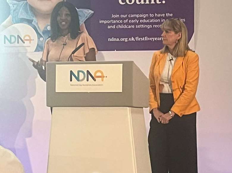 Ofsted's Alex Magloire and Wendy Ratcliff speaking at the NDNA conference on 9 June 2023 PHOTO Nicole Weinstein