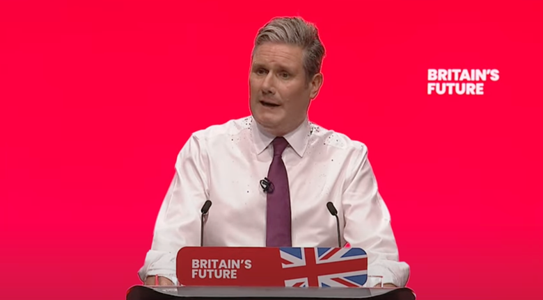Keir Starmer delivering the keynote speech at the Labour Party conference in Liverpool on 10 October 2023 Screengrab: YouTube, Labour