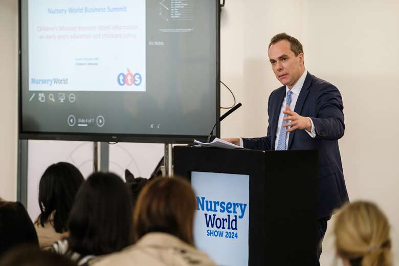Children and families minister David Johnston speaking at Nursery World's Business Summit on 2 February 2024 PHOTO Colin Miller