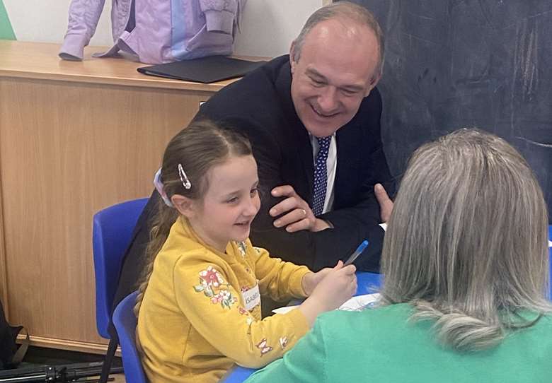 The Liberal Democrat leader, Ed Davey, with seven-year-old Isabelle on a visit to Snap in Brentwood, PHOTO: KM